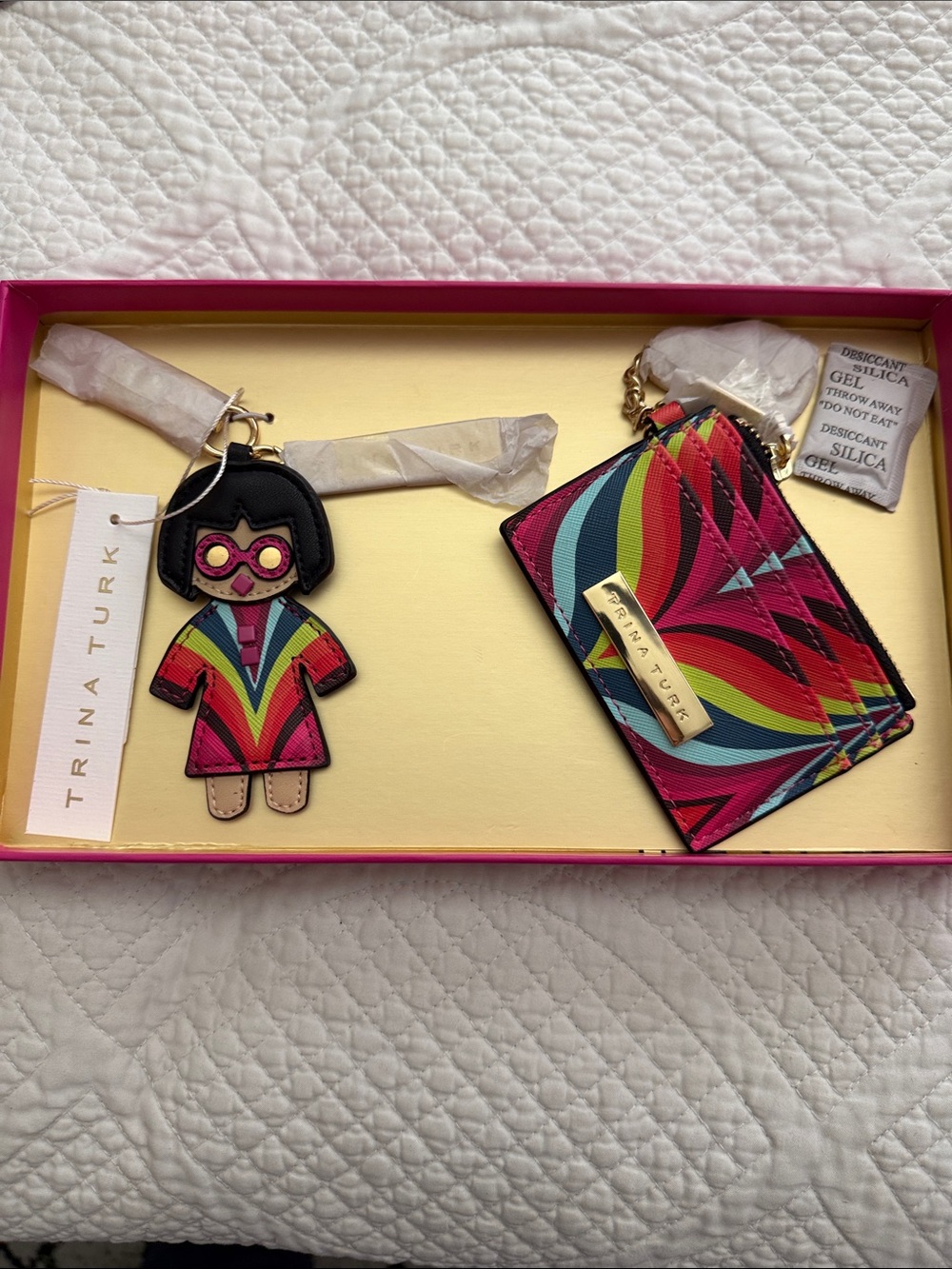 Trina Turk Multicolor Card Holder and Doll Keychain Set - Pink/Blue/Green